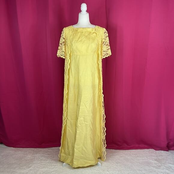 Vintage Dresses & Skirts - Vintage 60s unbranded buttercup yellow and lace jacket evening maxi dress, m